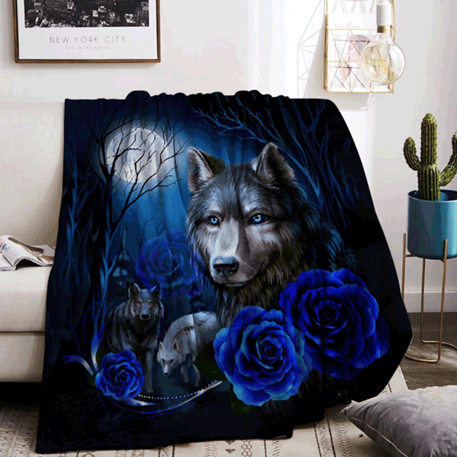 KAIDAARTLH Wolf Motif Blanket, Cute Animal Print Blankets, Soft Comfortable Warm Lightweight Blanket