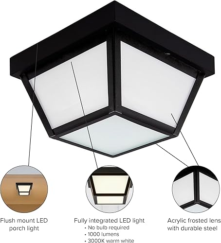 Miniatura 7 de Maxxima Lámpara de techo LED negra de 9 pulgadas para porche al aire libre, cuenta con lente esmerilada, blanco cálido de 3000 K, 1,000 lúmenes,