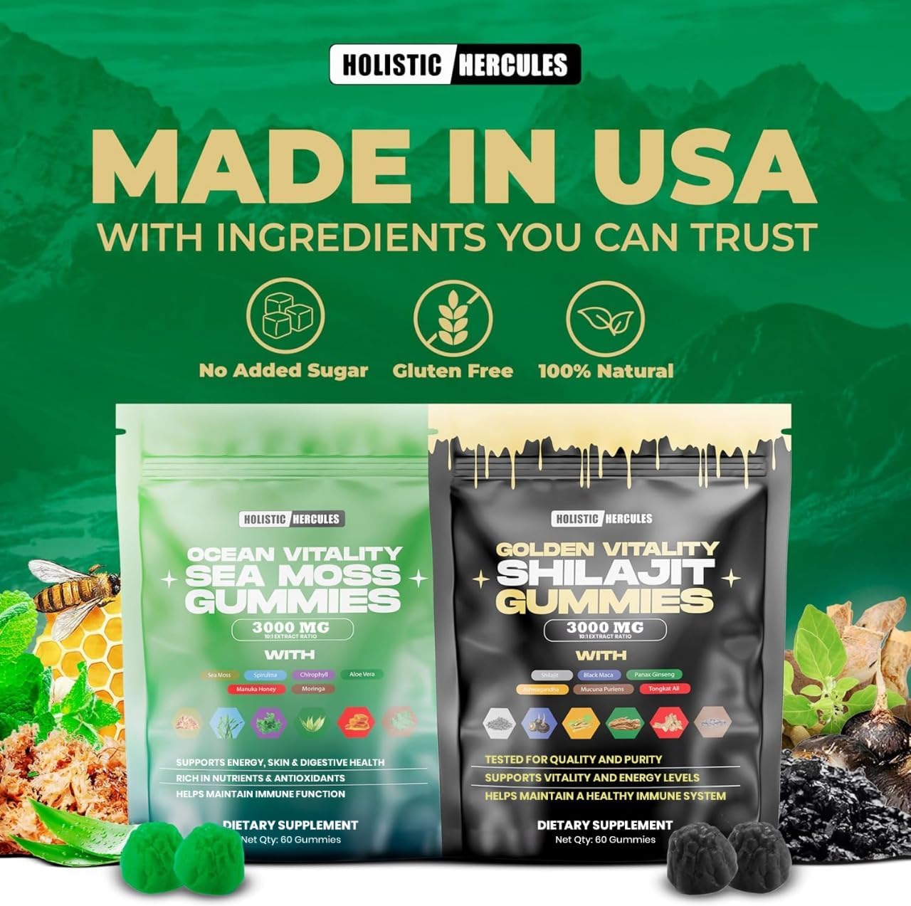 Holistic Hercules Sea Moss & Pure Himalayan Shilajit Gummies Gold | 100% Natural Organic Vegan | No Added Sugar | Ashwagandha Tongkat Ali Ginseng Spirulina Moringa Manuka Honey | 60 Gummies 2 Pack
