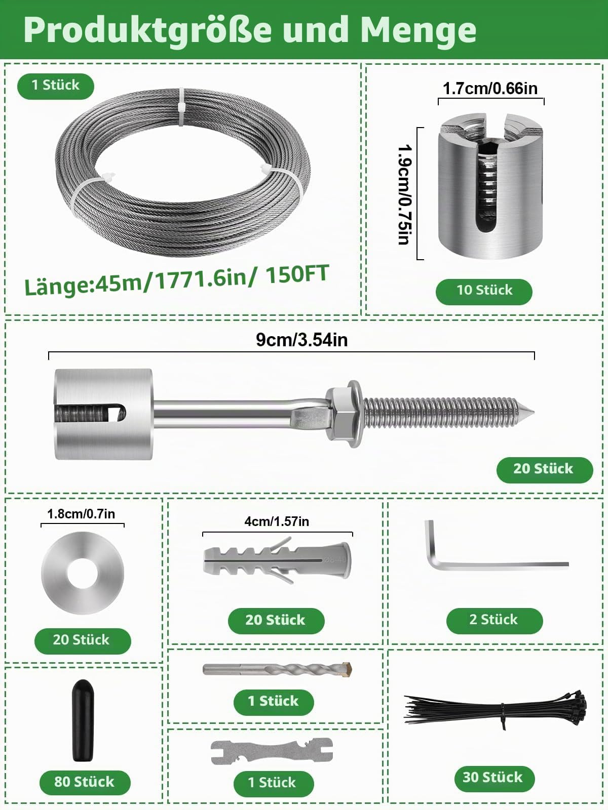 150 Fuß Rankhilfe aus Edelstahl für Kletterpflanzen, Kalolary T316 Edelstahl Drahtgitter Set für Hohe Belastbarkeit Wandmontiertes Kletterkabel Ranksystem Set für Blumen und Gemüse