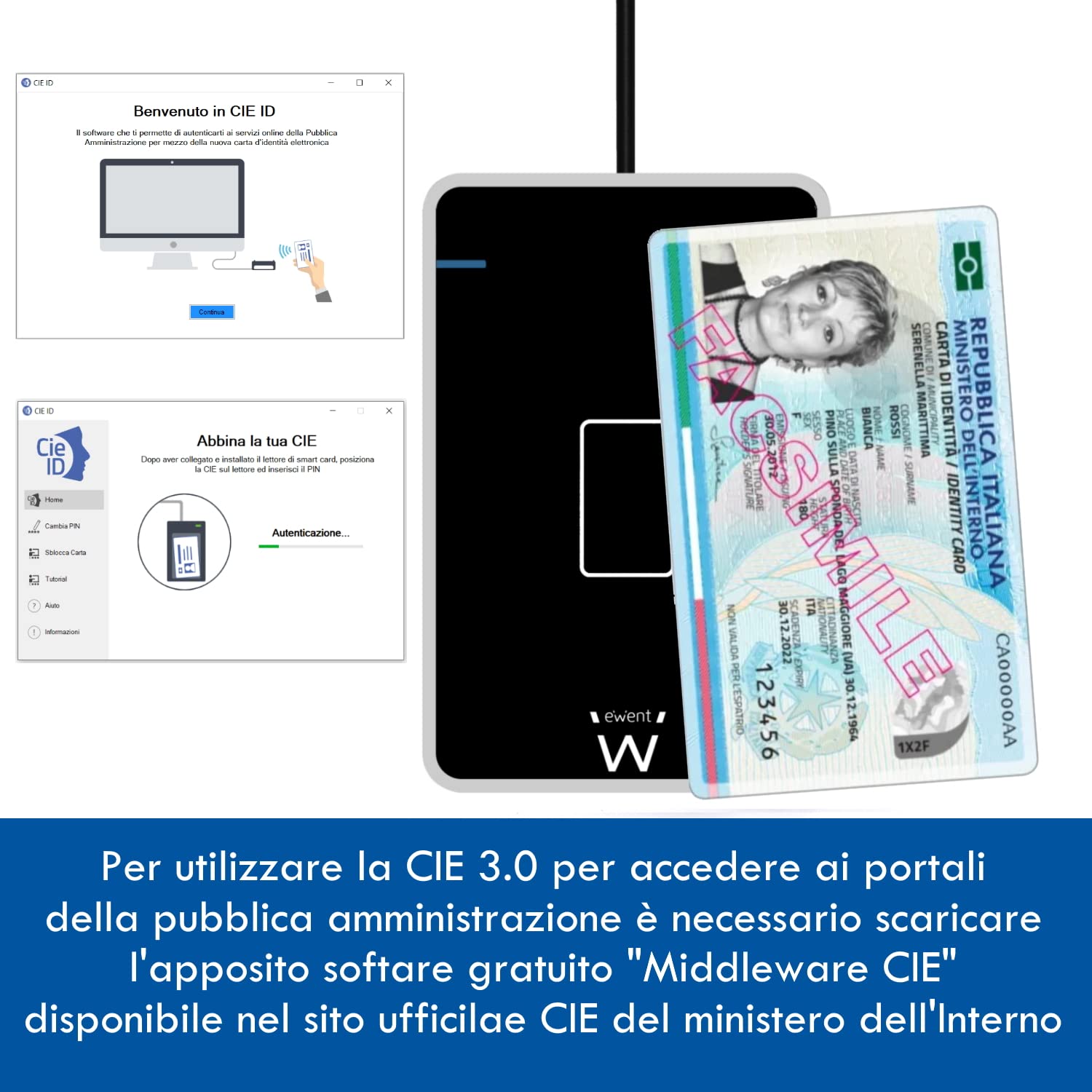 Ewent EW1053 RFID- und NFC Leser für Elektronikausweis CIE 3.0 für den Zugriff auf ANPR, INPS, INAIL, Einnahmen und Standorte der P.A. - Farbe Schwarz