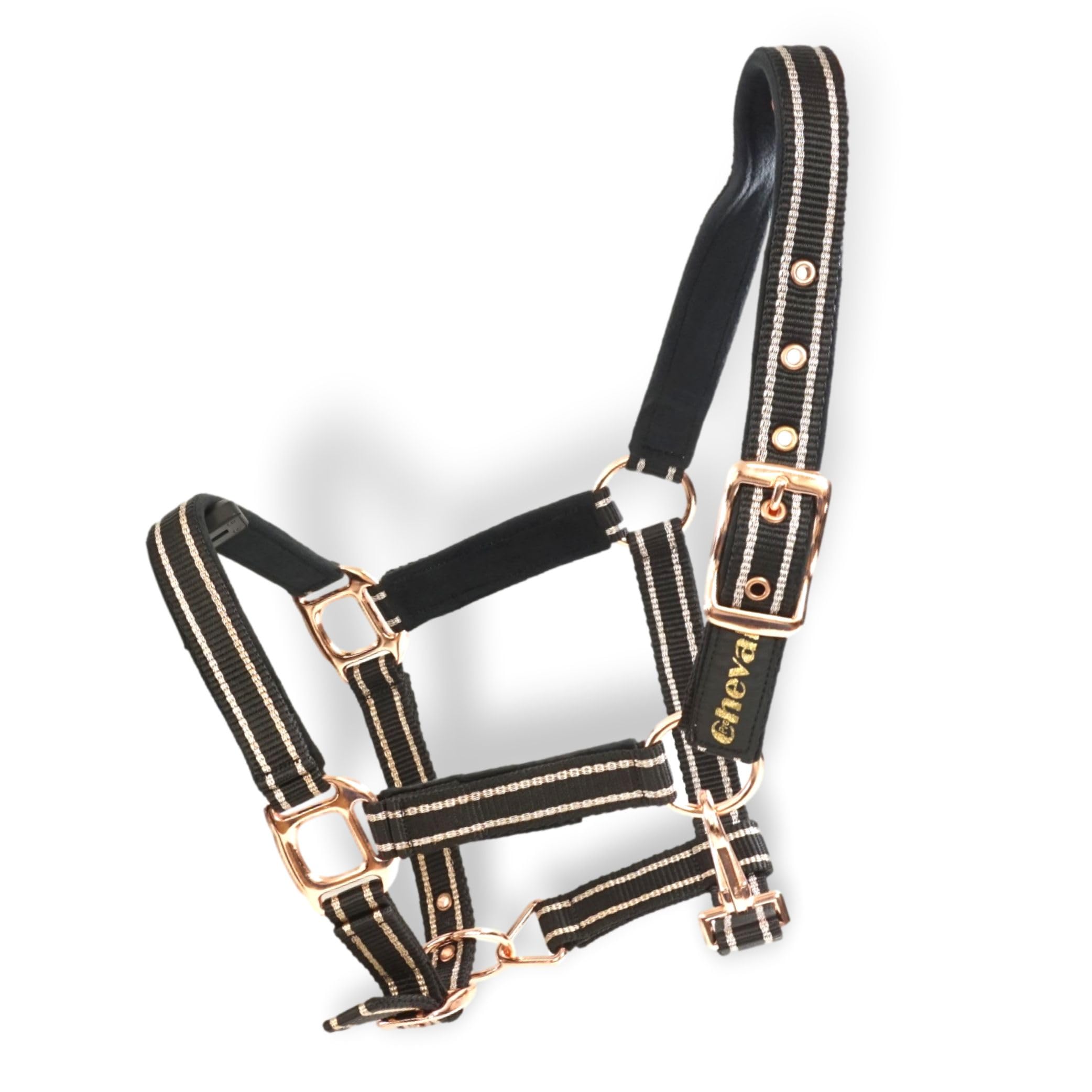 Cabestro para caballos con brillo en color oro rosa, cabestro para caballos en negro y rosa, ajustable en 2 posiciones (Negro oro rosa con cuerda, sangre caliente (completo))