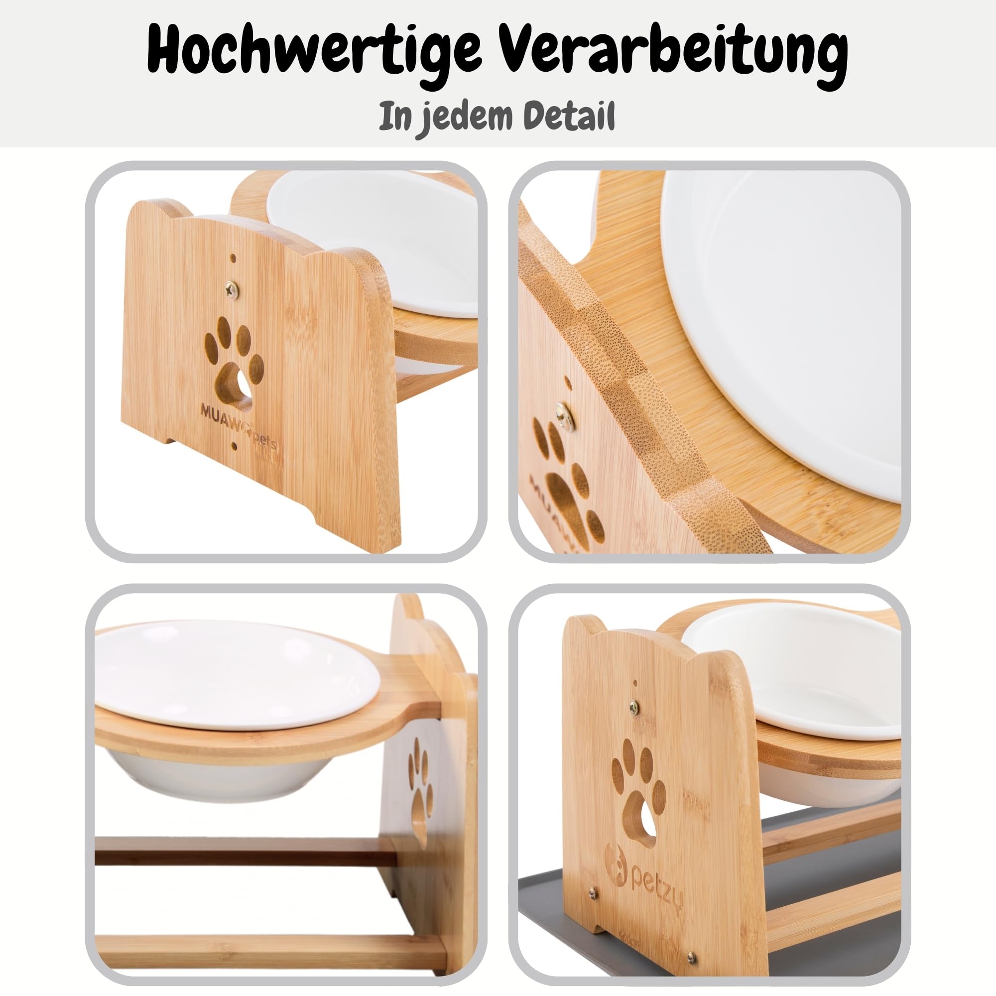 Petzy Premium Keramik-Hundenapf, höhenverstellbarer Katzennapf, 350 ml pro Napf. Ideal für kleine Hunde, mit Rutschfester Unterlage und Futternapf aus Bambus.