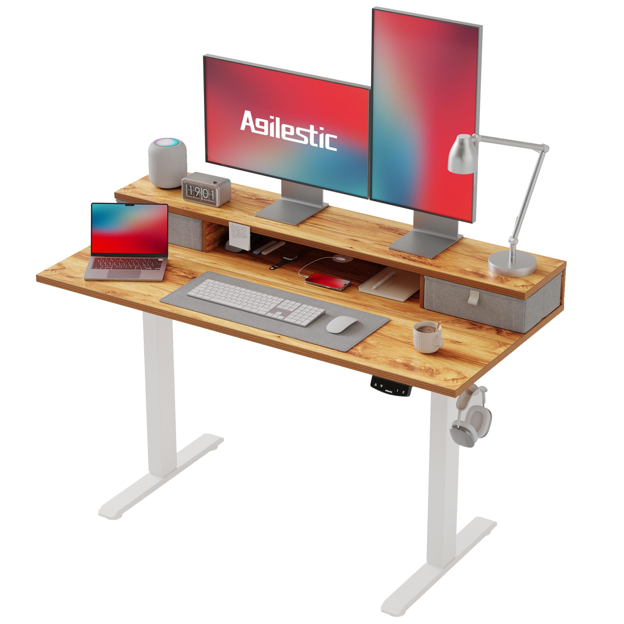 Agilestic Electric Adjustable Height Desk with 2 Drawers, 120 x 60 cm, Stable Sit-Stand Desk with Memory Control, Ergonomic Computer Desk, Light Brown — image 1