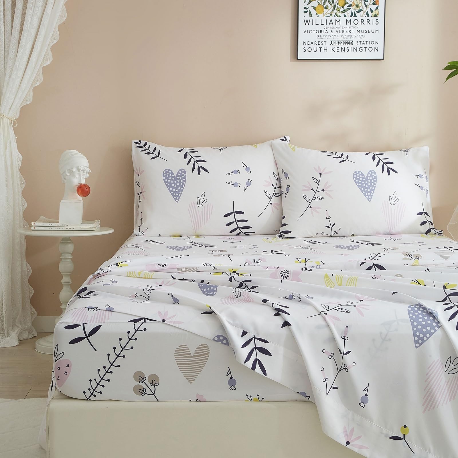 Parure de lit vintage à motif floral botanique pour chambre de fille