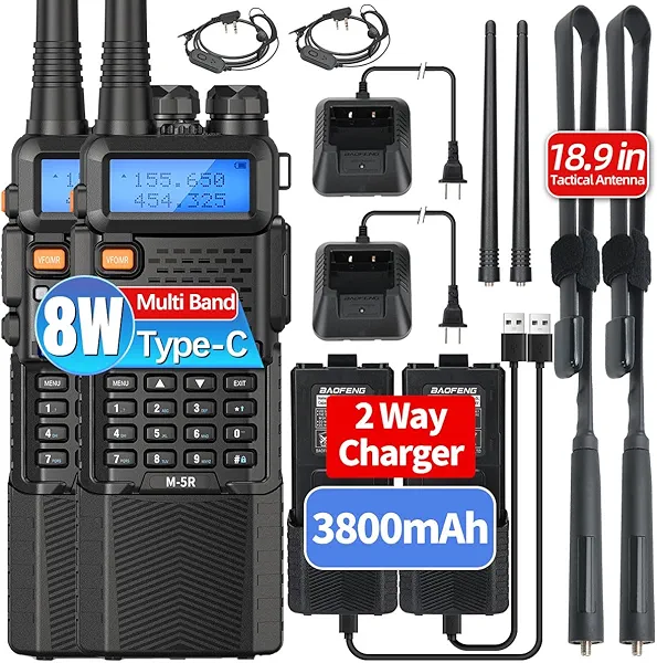 BAOFENG UV-5R Ham Radio Handheld 8w Upgrade Long Range UV5R Walkie Talkies with Earpiece M-5R 5RX Rechargeable 3800mAh Battery Two Way Radio USB-C Charger Multi Band for Hunting Hiking,2 Pack