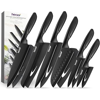 hecef Knife Set, Black, Kitchen Knife Set with Non-Stick Coating, Ergonomic Handle, Dishwasher Safe, Sharp Cooking Knife Set
