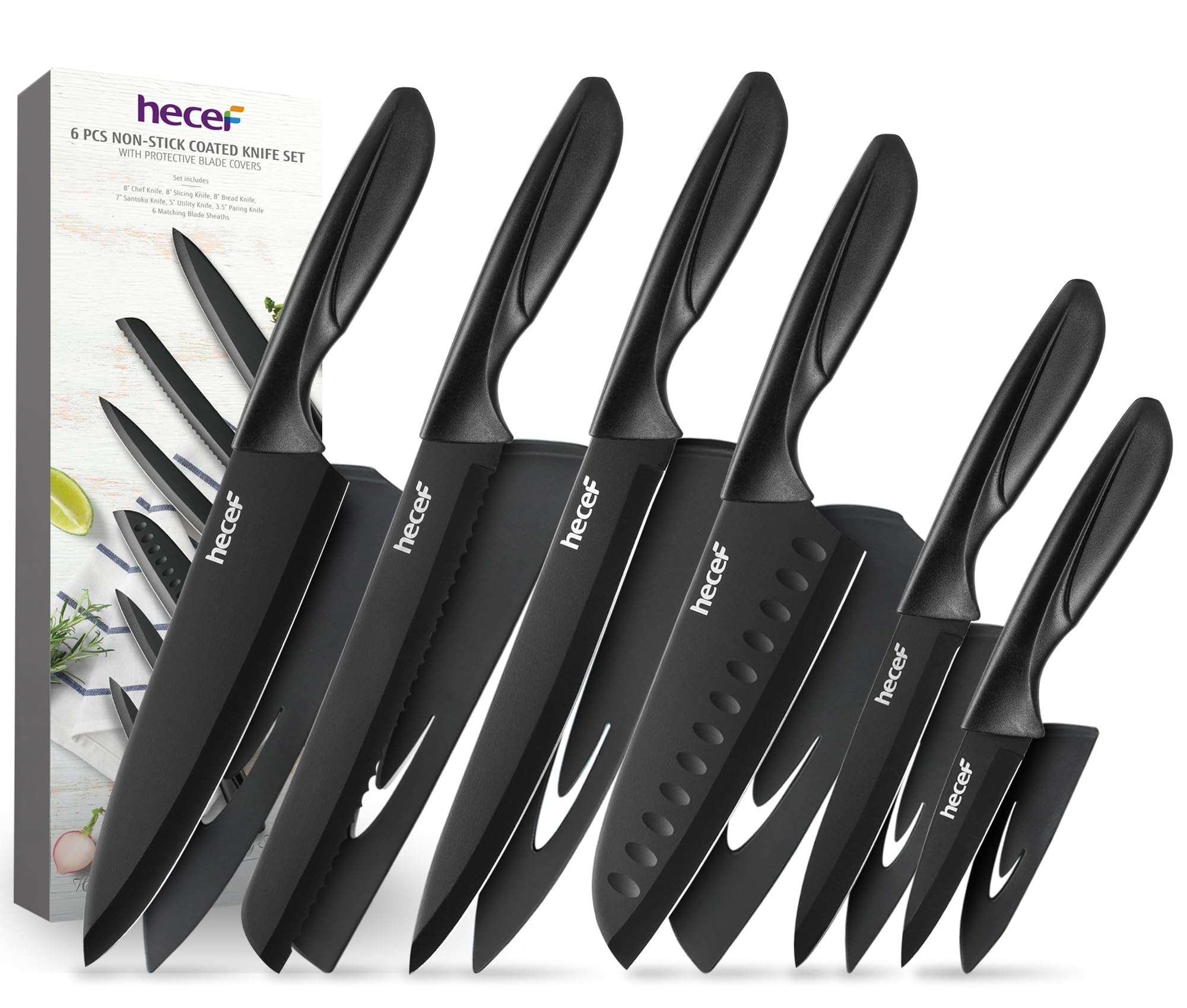 Hecef Set Couteau Cuisine 6 Pièces - Couteaux Professionnels Acier Inoxydable Avec Revêtement Céramique Et Étuis, Lames Ultra Tranchantes