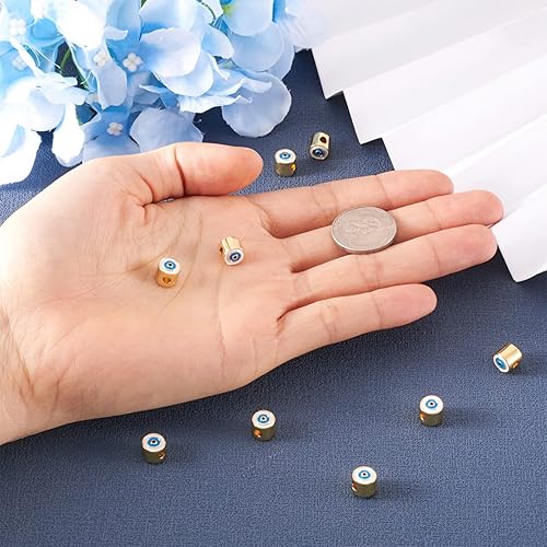 Miniatura 6 de Pandahall - 10 cuentas de esmalte de latón en columna con mal de ojo real chapado en oro de 18 quilates, cuentas espaciadoras sueltas de 0.295 x