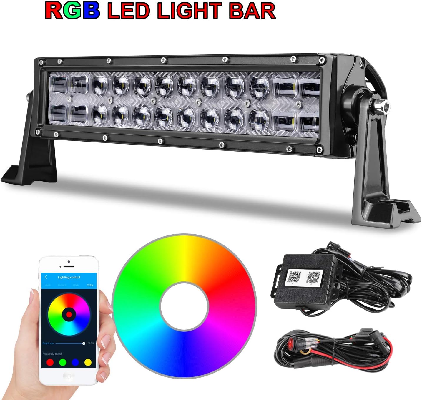 AKD Part 14 inch RGB LED Light Bar, 5D Multicolor Off Road LED Bar with Wiring Harness CREE Bluetooth APP Control LED Flood Spot Combo Light RGB for Truck ATV UTV SUV Marine Motorcycle