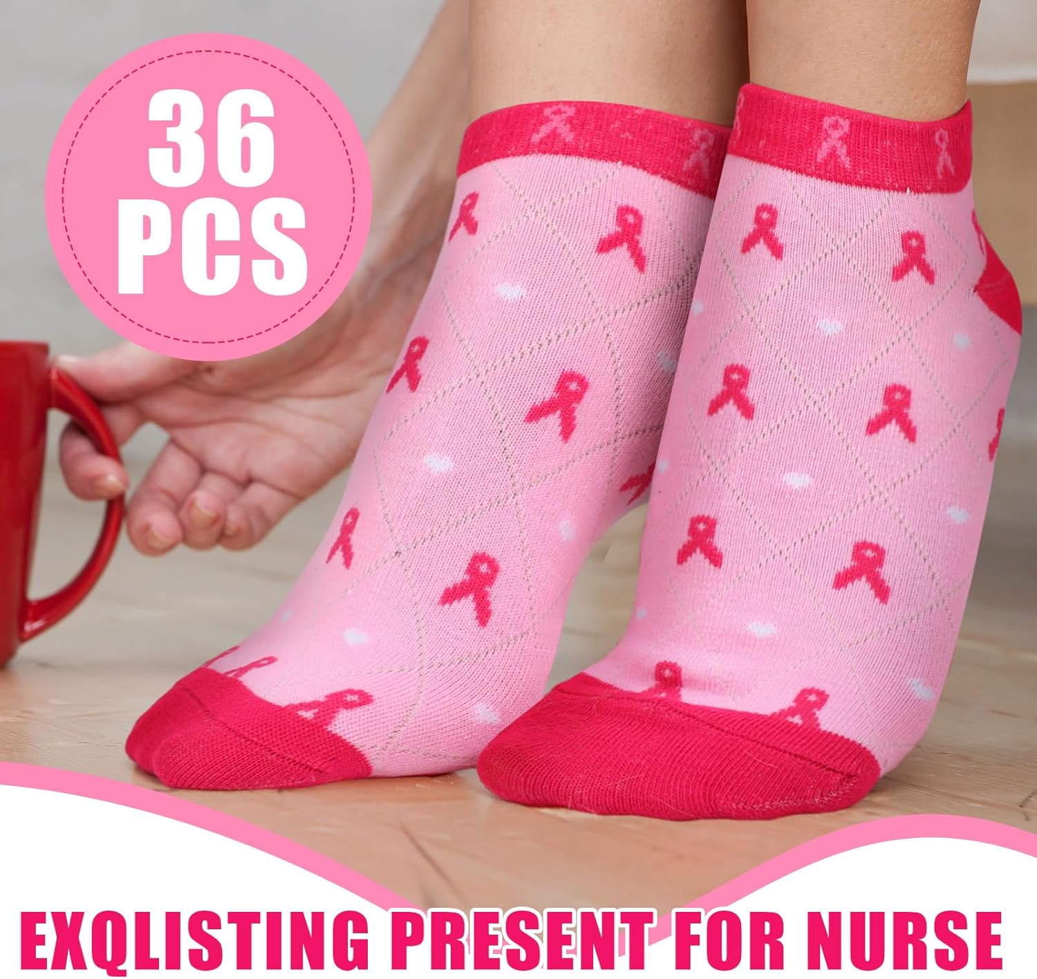 Panitay 36 Pairs Breast Cancer Awareness Socks Bulk Soft Pink Ankle Socks Pink Ribbon Breast Cancer Gifts for Women Accessories, 18 Styles