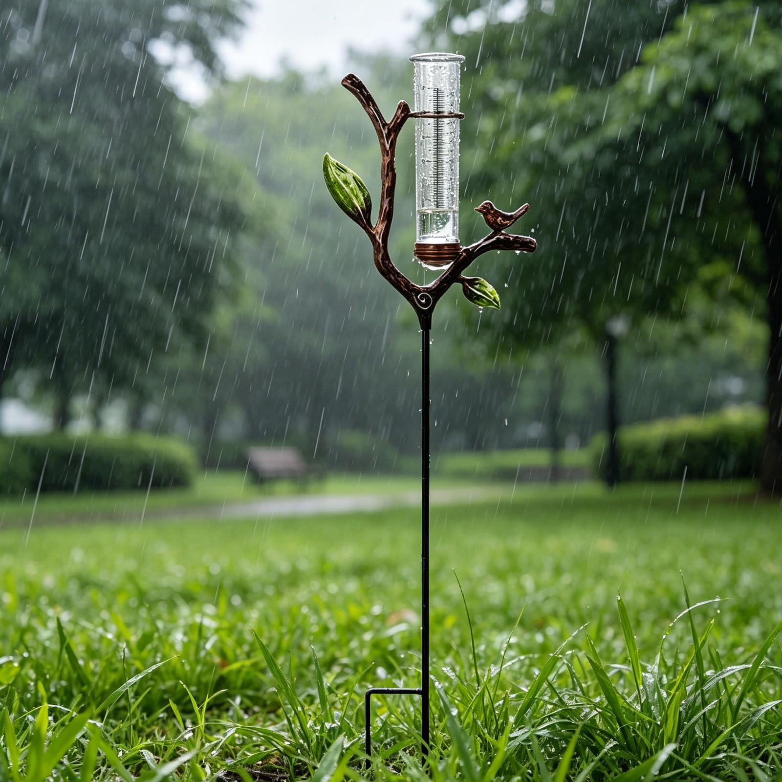 Regenmesser für Garten Gartendeko, Regenmesser Frostsicher, Niederschlagsmesser mit Stab für Garten Rasen Landschaft Terrasse Geschenk für Gartenliebhaber (Zweige Blätter)