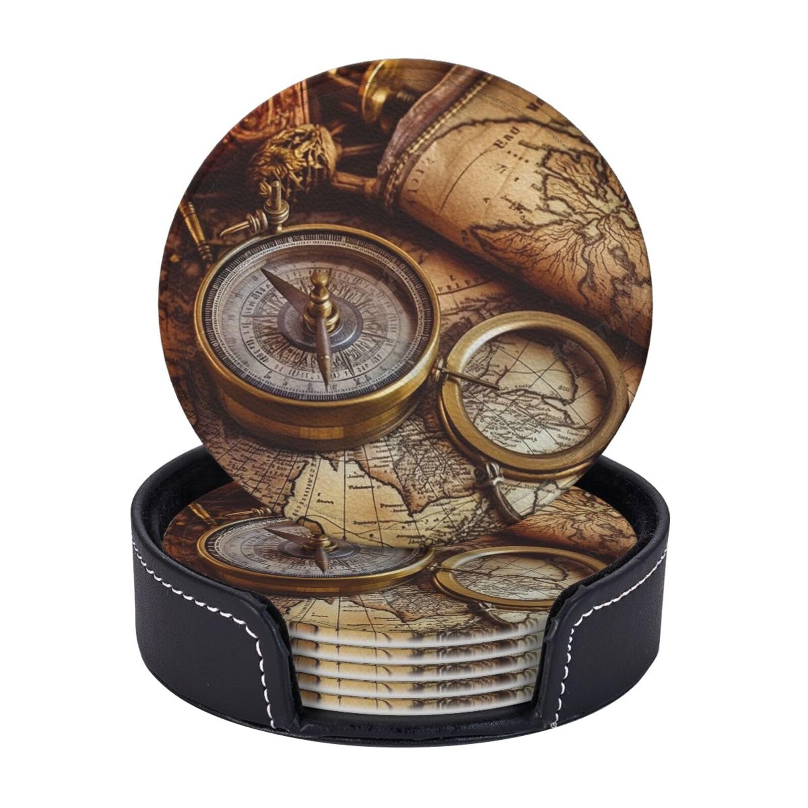 Aqrjkhd Compass And Old World Map 6 Pcs Coaster For Drinks, 4" Leather Drink Coasters With Holder, Cup Coaster For Coffee Table Tabletop Protection, Drinking Coasters Cup Mat For Drinks