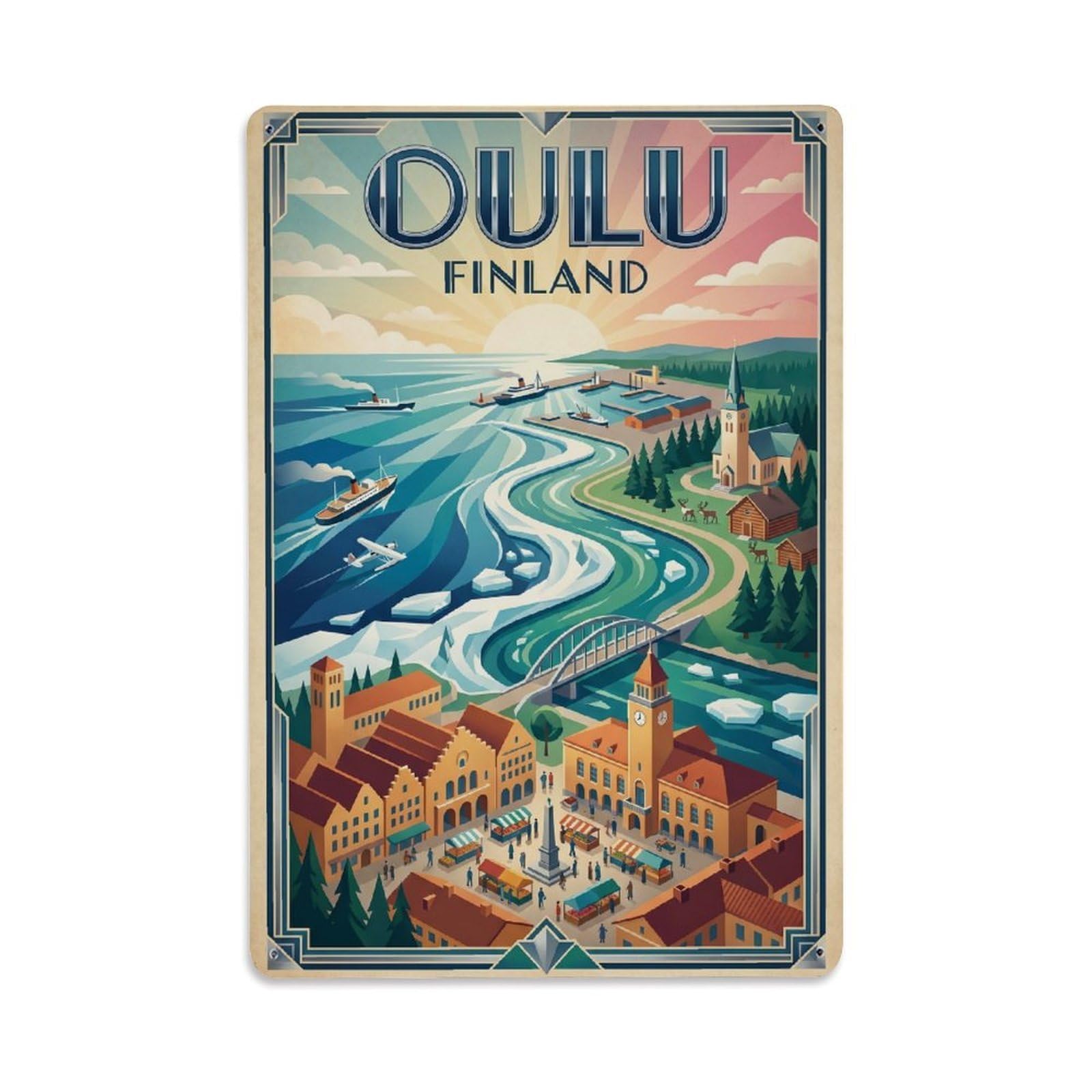 Finland Oulu Travel Retro Metal Tin Sign Plaque Wall Decor for Cafe, Club Bar, Office, Garden Metal Poster 8x12Inch