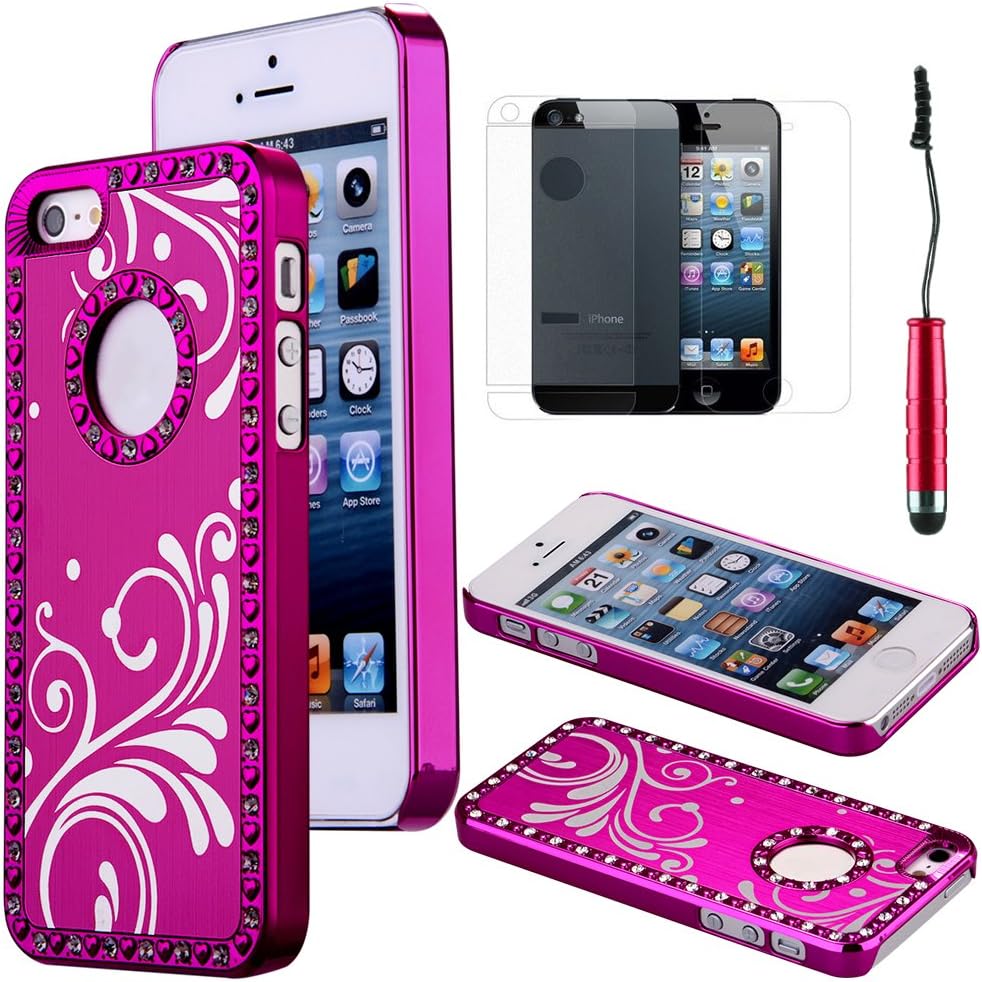 Rainbow Luxury Sea Spray Design Glitter Bing Crystal Rhinestone Brushed Aluminum Plastic Chrome Hard Case Cover For iPhone 5S 5 5G With Screen Protector And Stylus (Rose)