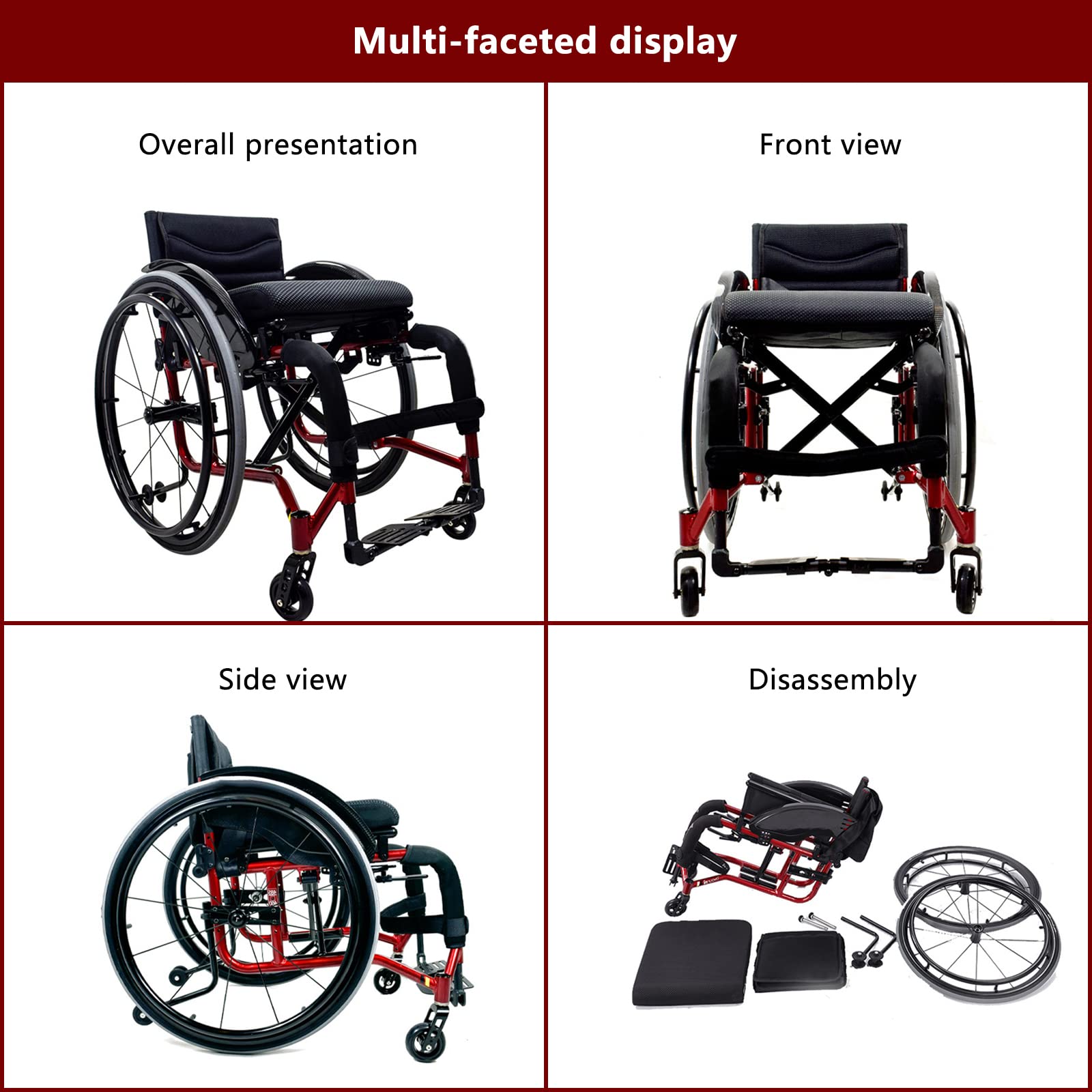 Sedia a rotelle Sportiva Leggera, Sedia a rotelle Ultraleggera, Sedia a rotelle Manuale Multifunzionale in Alluminio, Sedia a rotelle Sportiva Leggera,Red