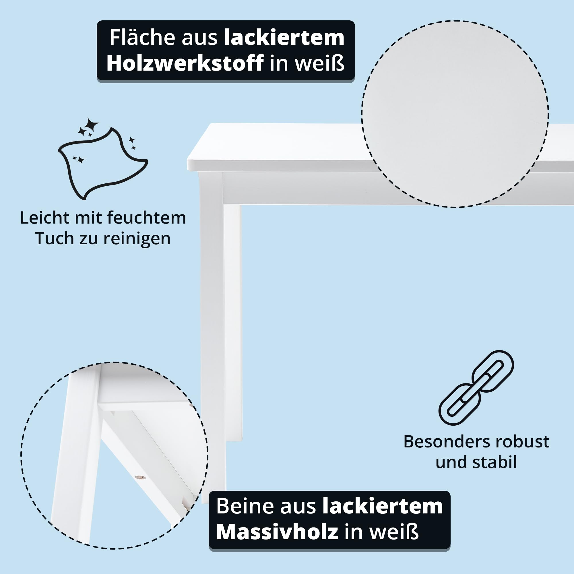 KHG Kindertisch Massivholz lackiert weiß Landhaus für Kinderzimmer, 4-Fußgestell, Pflegeleichte Oberfläche, robust, kindgerechte Höhe 66 x 51 x 50 cm