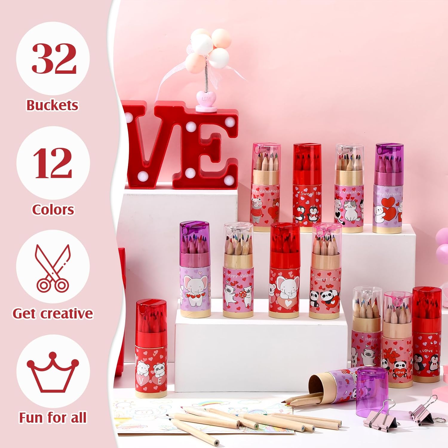 Fumete 32 Pack St. Patrick's Day Mini Colored Pencils Bulk Pink Heart Cute Paddy's Pencils with Sharpener for Classroom Exchange Gift Bulk, 12 Count in Tube