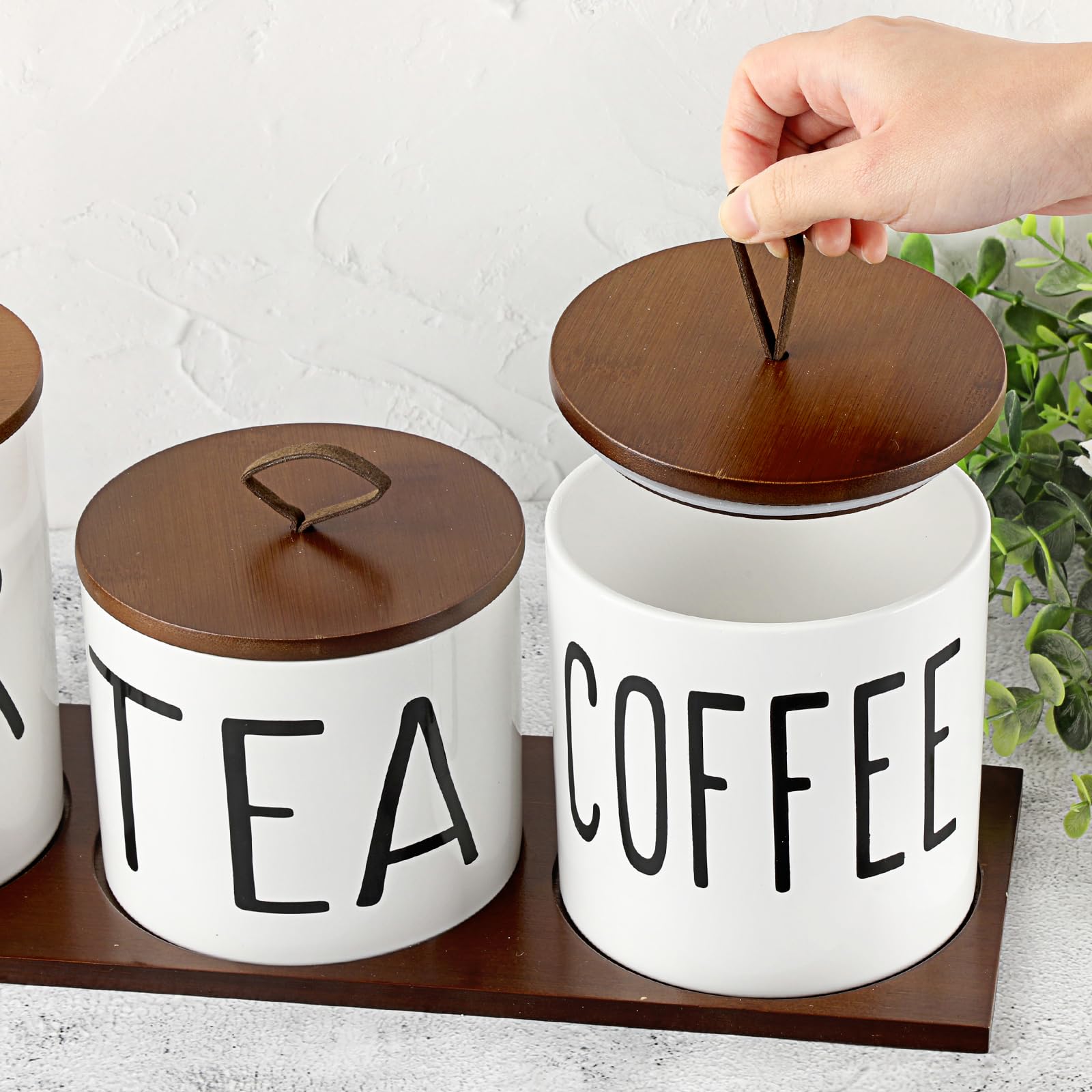 BTSKY Set di 3 contenitori da cucina in ceramica bianca – 3 misure ermetiche per zucchero, caffè, tè, con coperchio e vassoio in legno, barattoli per alimenti