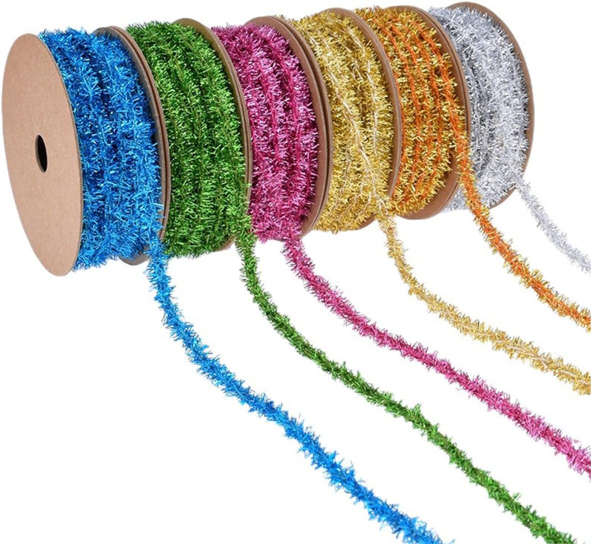 3 Rolls 10 Yards Metallic Tinsel Ribbon, 0.31 inch Glitter Tinsel Wire Garland Ribbon Sparkle Shiny Metallic Foil Twist Ribbons for Gifts Wrapping, Christmas Tree, Wedding, Party Decorations