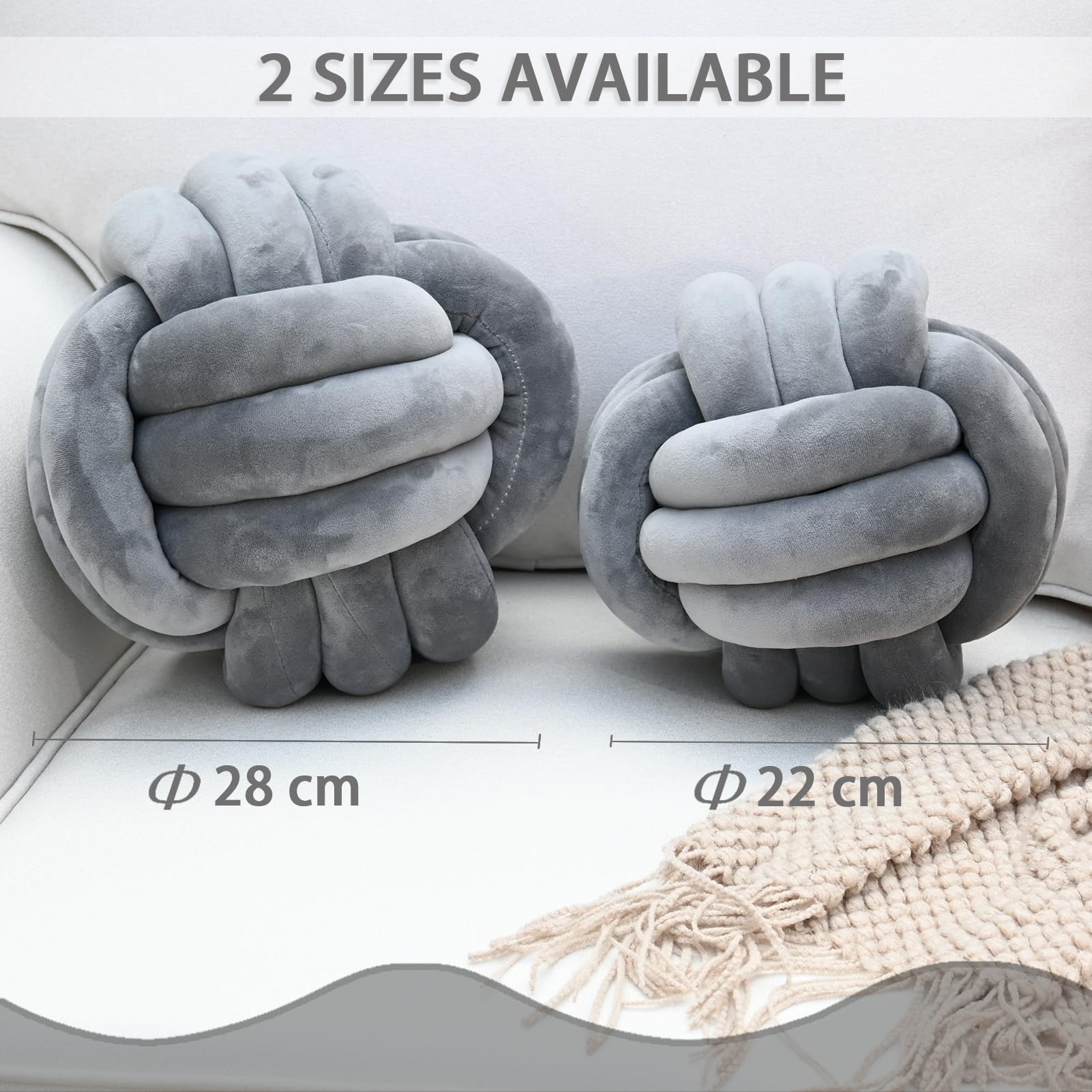 Cojin Nudos Gris Oscuro, Cojines Redondos Decorativo de Terciopelo, Cojín Decoración para Cama Sofa, Cojín para Dormitorio Infantil, Regalo 28 cm