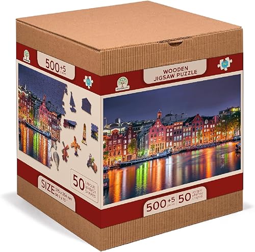 Miniatura 3 de WOODEN.CITY 500 + 5 piezas - Amsterdam By Night - Rompecabezas de madera - Juego de rompecabezas de paisaje escénico con piezas de formas inusuales