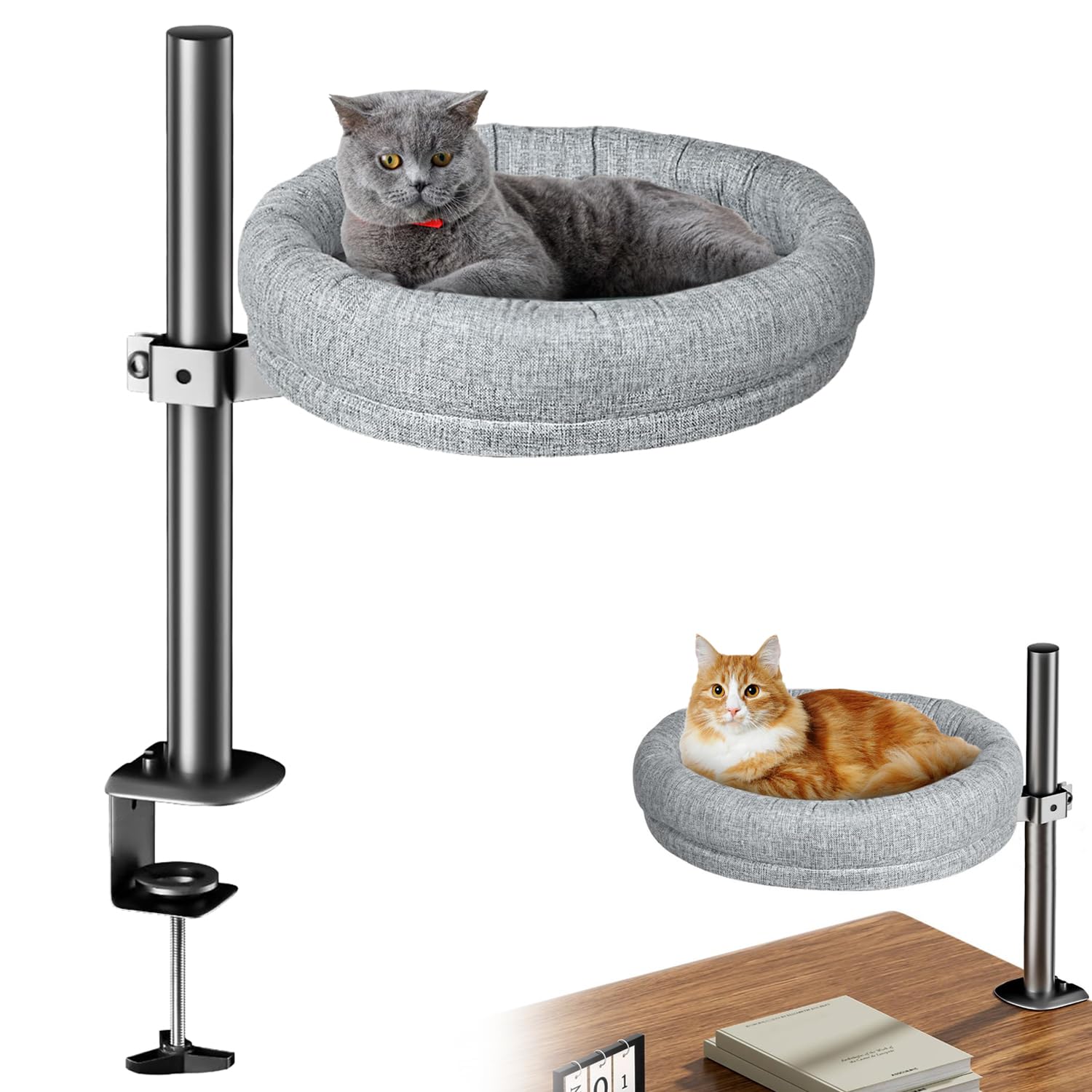 Raised Cat Bed – 360° Rotating Cat Hammock for Desk | Spacious Elevated Cat Nest with Soft Plush Cushion | Adjustable Height Up to 40cm | Secure Padded Clamp, Space-Saving & Machine Washable