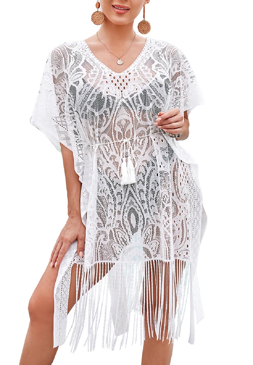 Vossmi Bikini Cover Up para Mujer Vestido de Playa Suelto Camisolas y Pareos Cordón Cárdigan de Encaje Mujer Cubierta de Verano