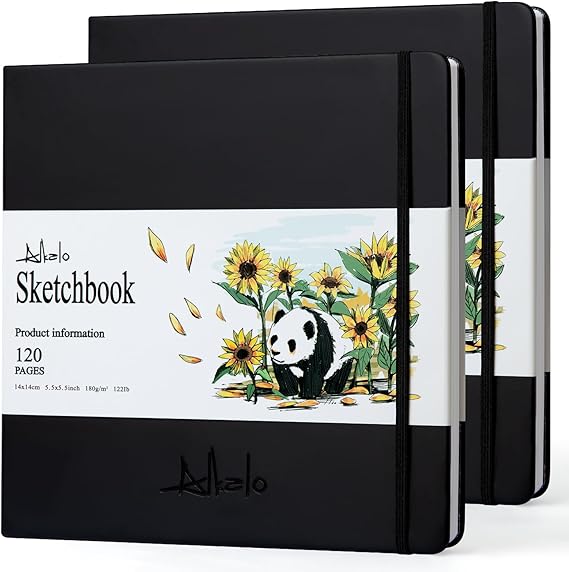 ALKALO Square Sketchbook for Drawing, 120 Pages Sketch Book, 122LB/180GSM Thick Paper, Mixed Media Sketchbook for Charcoal Pencil, Inks Pen, Colored Pencil, Acrylic Marker, Oil Pastel