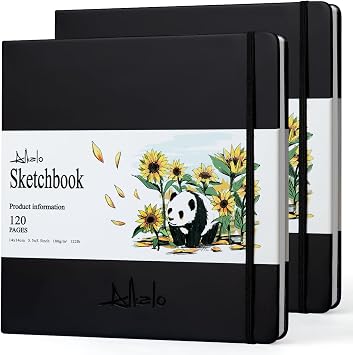 ALKALO Square Sketchbook for Drawing, 120 Pages Sketch Book, 122LB/180GSM Thick Paper, Mixed Media Sketchbook for Charcoal Pencil, Inks Pen, Colored Pencil, Acrylic Marker, Oil Pastel