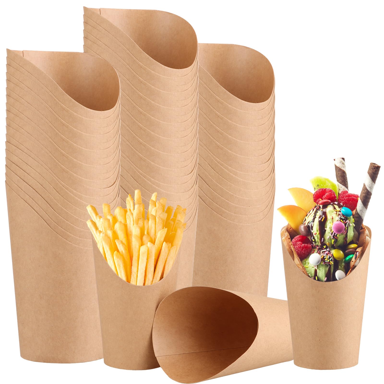 SHUESS 100 Pack 12oz Kraft French Fries Holder - Disposable Brown Fries Holder - Chip Cones for Crisps - Charcuterie Cups for Popcorn, Fruits, Crisps, Waffle and Ice Cream