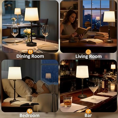 Miniatura 8 de Lámpara de mesa LED inalámbrica, lámpara de escritorio portátil con pantalla de tela, iluminación recargable de 6000 mAh, luz ambiental cálida de