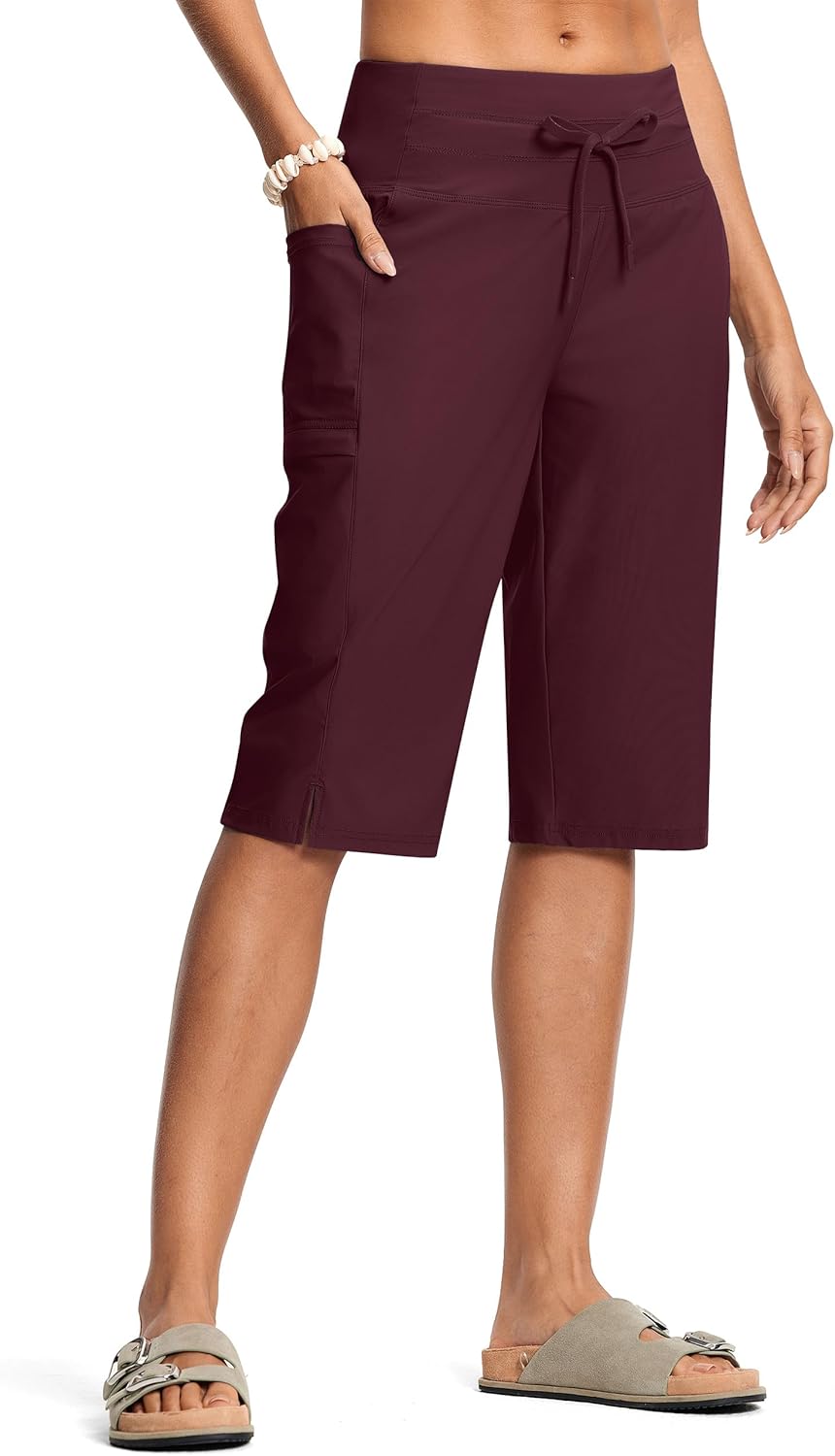 Women's Swim Capris Pants High Waist Tummy Control Quick Dry UPF 50+ Long Board Shorts with Liner and Pockets