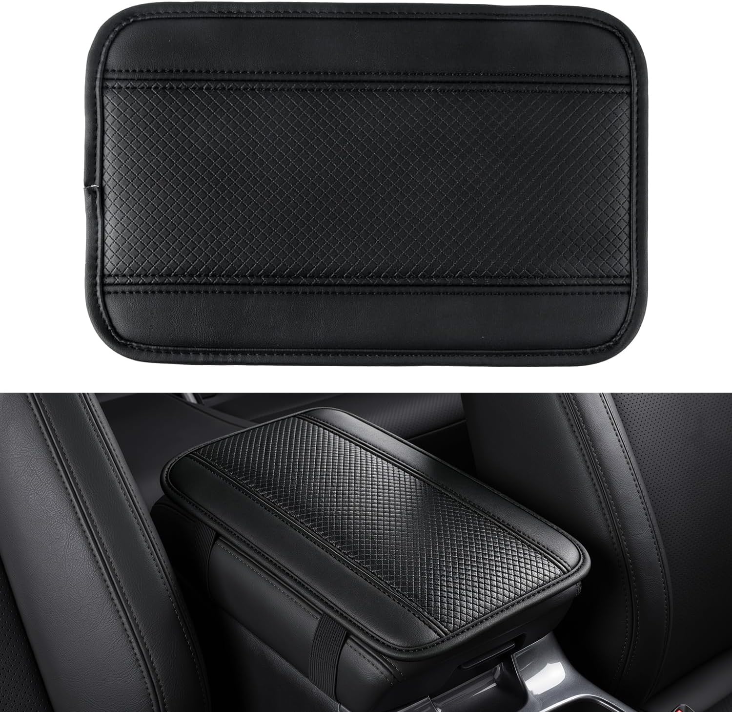 Amiss Car Center Console Cover, Upgraded Leather Car Armrest Cushion, Universal Waterproof Cushion Pad, Non-Slip Car Interior Accessories, Fits Most Sedans SUVs Trucks (Black Line)