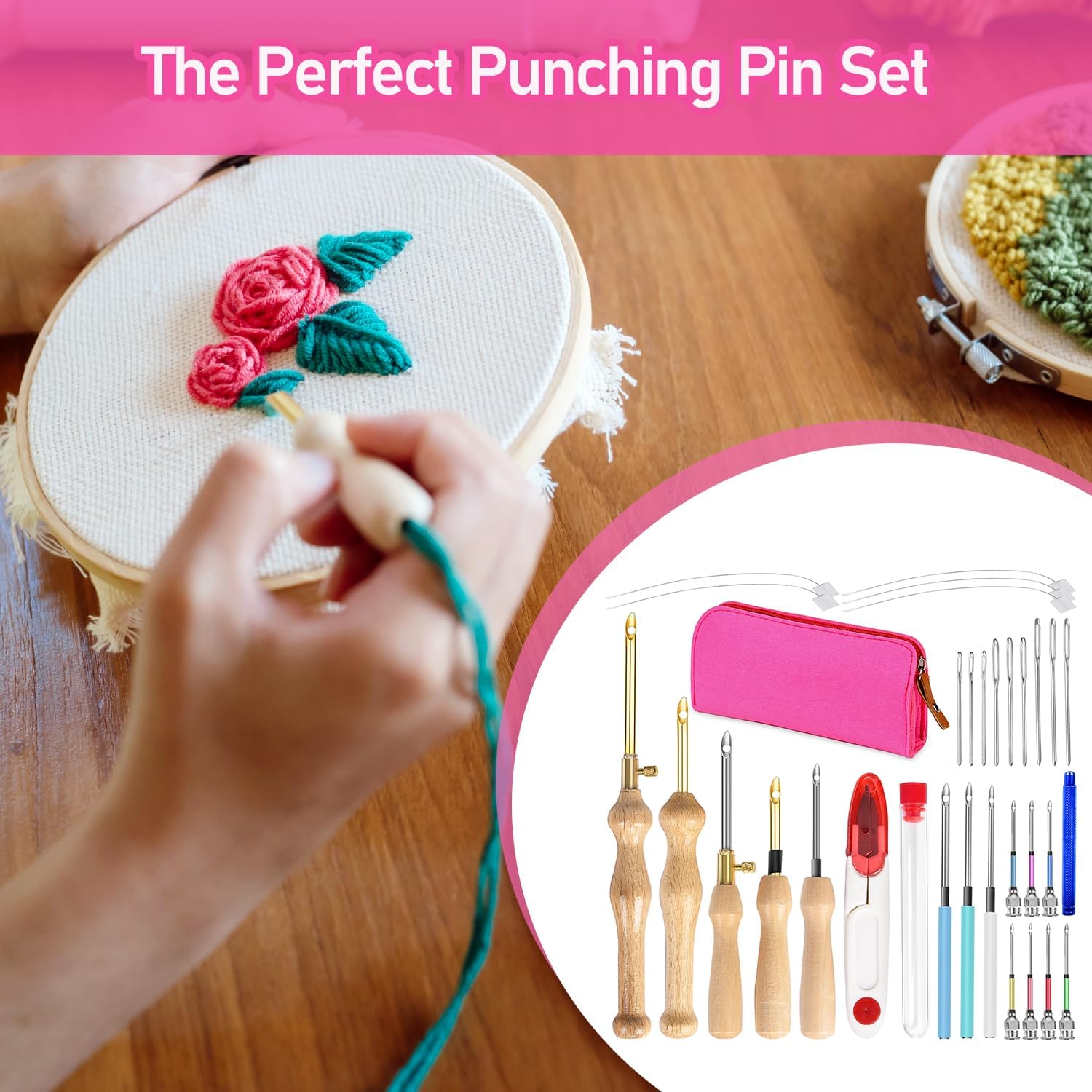 Punch Needle kit for Beginners, Adjustable Punch Needle Embroidery Kit for Adults Punch Needle Tool Embroidery Needle Wooden Handle Embroidery Pen Kits