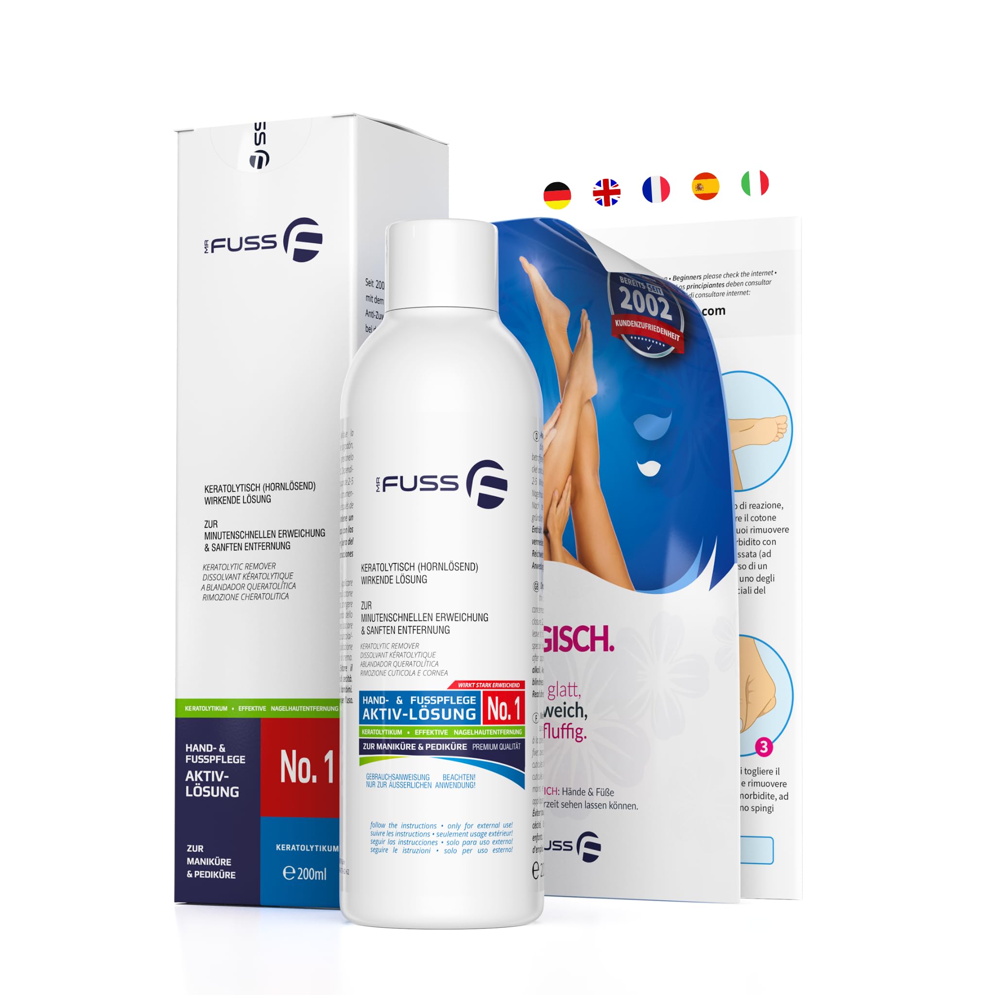 Mr. Fuss® System zapobiegający powstawaniu zrogowaciałego naskórka, środek do usuwania zrogowaciałego naskórka, roztwór nr 1, silnie zmiękczający, 200 ml