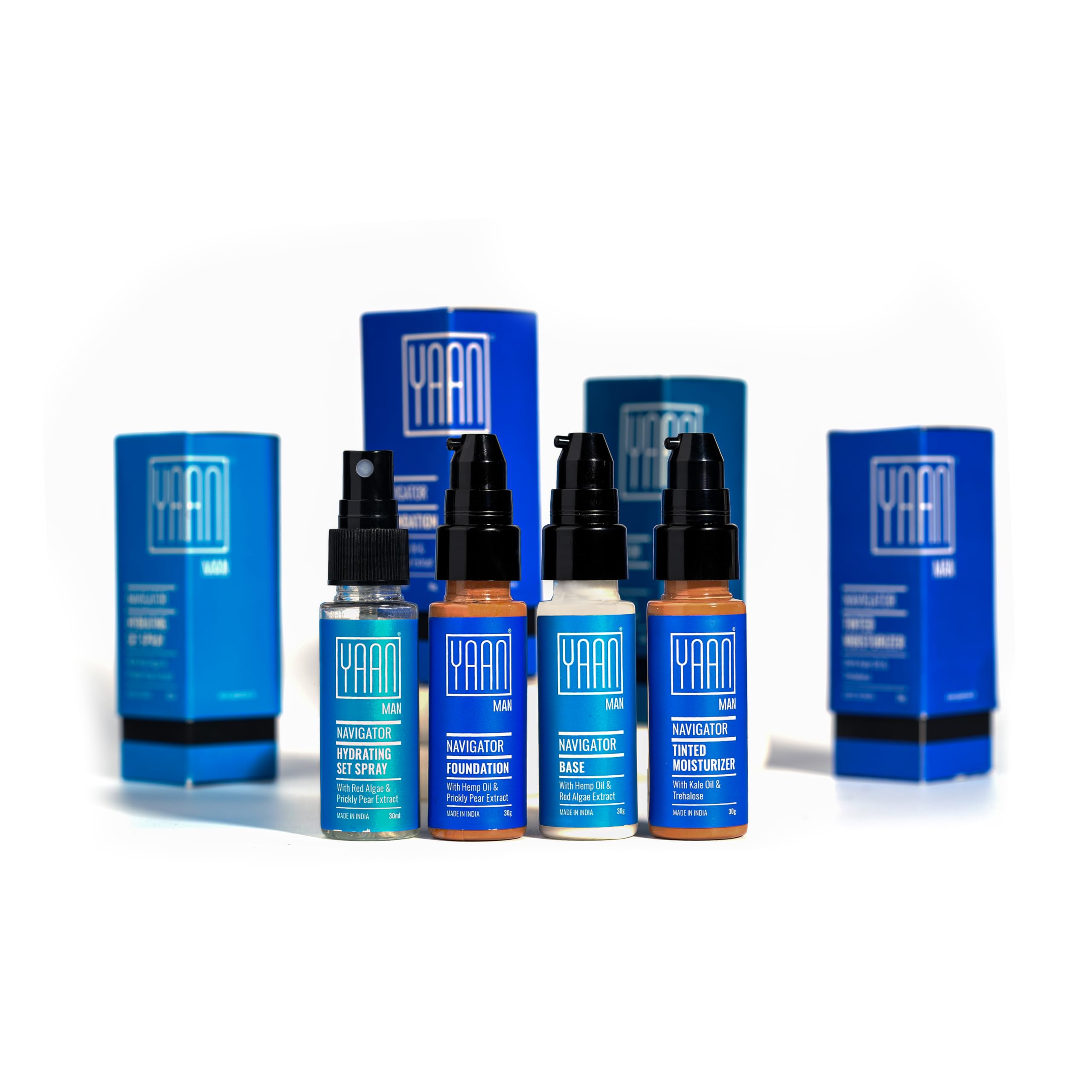 Yaan Man Navigator Range | Make up for Men | Contains: Base, Foundation, Set Spray, Tinted Moisturizer| Light weight, Invisble on Skin | For all skin types| Light Shade