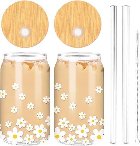 Whaline Paquete de 2 vasos de cristal de margaritas con tapas y pajitas de 16 onzas, inspirador, estético, bohemio, margaritas, vaso para beber café