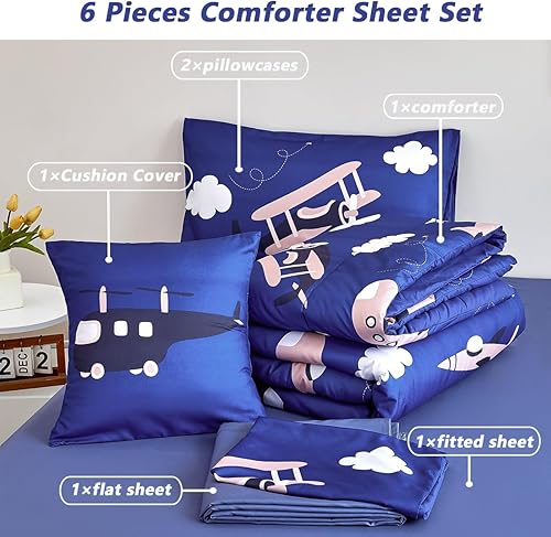 Miniatura 3 de PERFEMET Juego de edredón azul de 6 piezas para niños, cama en una bolsa, tamaño matrimonial, con mosca, aeronaves, nubes, para niños, adolescentes,
