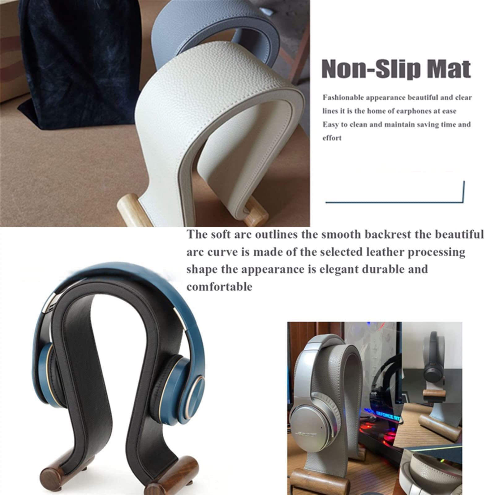 MRKU Support de Casque Audio avec Crochet et étagère de Bureau Universelle en Cuir PU et Bois pour Casque Filaire