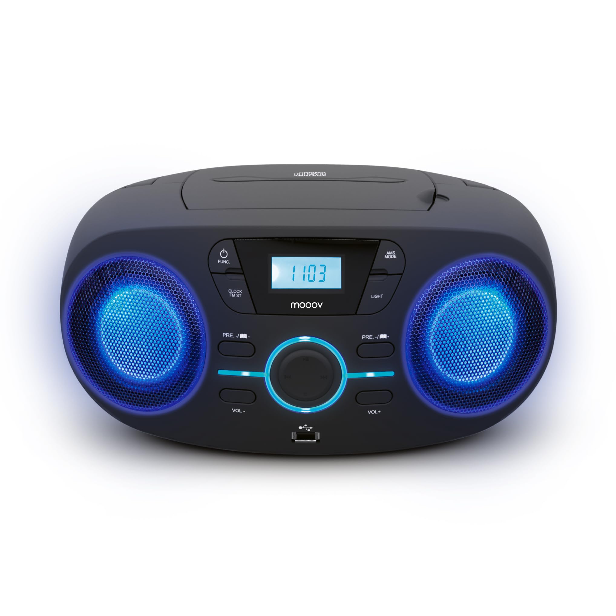 Mooov Lecteur CD Portable, Lecteur CD Audio CD-R/CD-RW/CD-MP3, Radio FM, Port USB, Effets de lumière LED, poignée Ergonomique, Alimentation ou Batterie, Noir 477415