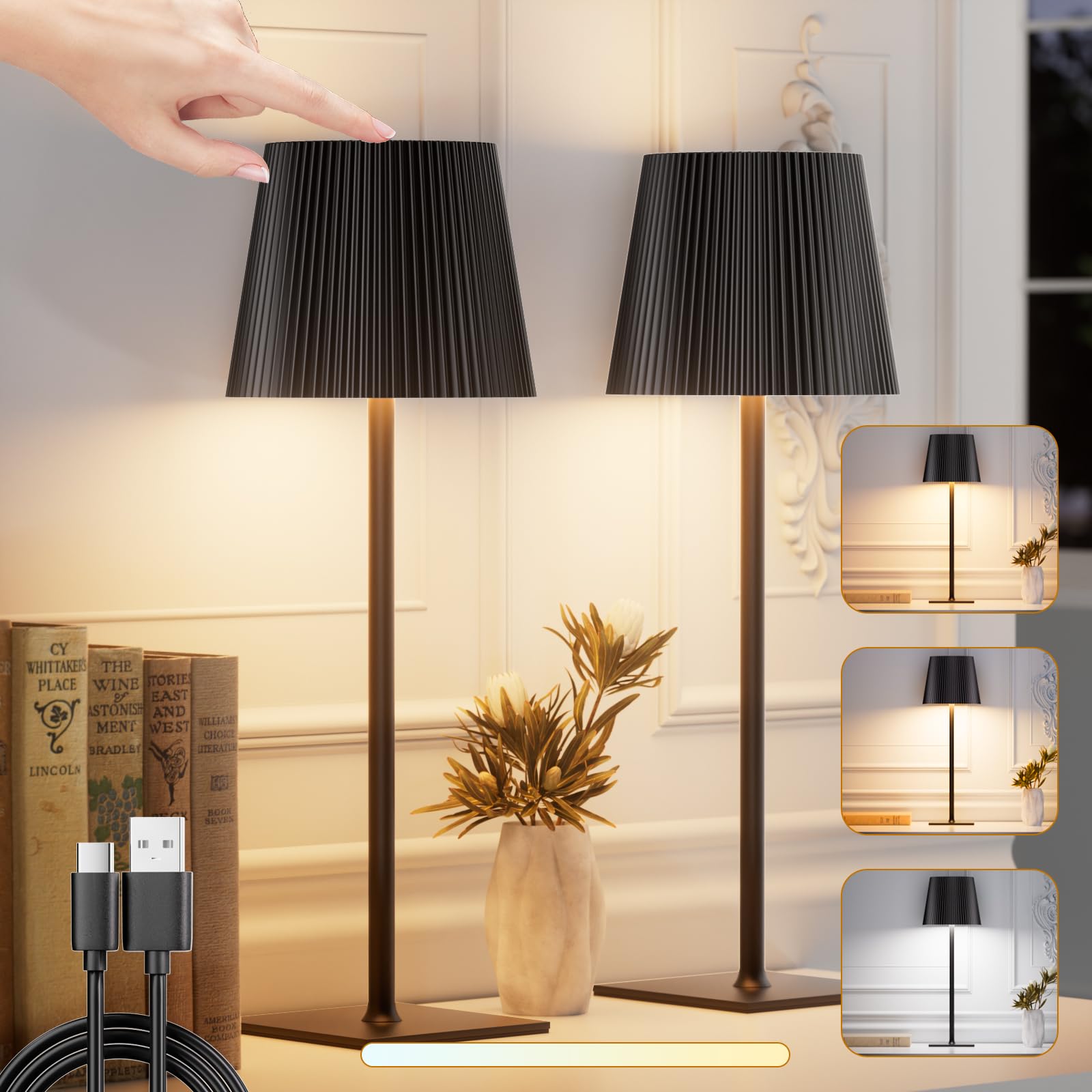 skelo Lámpara de Mesa Inalámbrica Regulable Táctil LED con Batería,4000mAh, 3 Temperaturas de Color, Adecuada Para Interiores y Exteriores, Material Metálico USB-C, Negro, 2 Pieza
