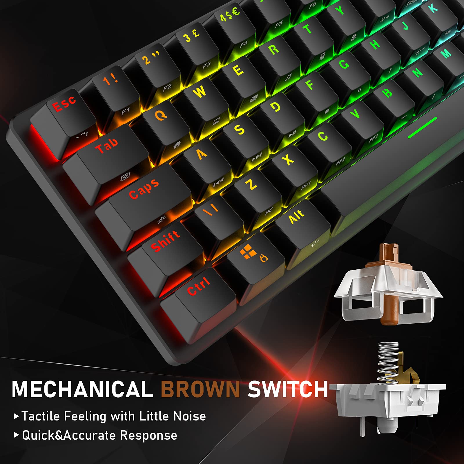 Tastiera meccanica da gioco con layout britannico RGB 14 effetti di retroilluminazione, mini 62 tasti cablato tipo C + mouse leggero RGB 6400DPI a nido d'ape + tappetino per mouse
