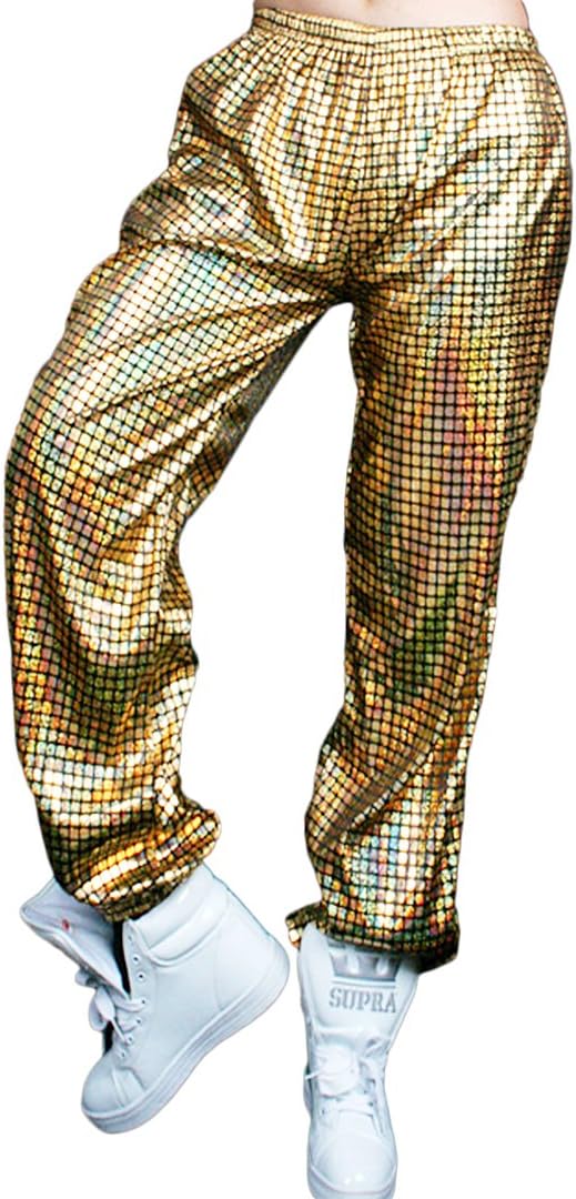 Adult Hip Hop Baggy Laser Harem Elastic Waist Loose Fit Pants Trousers Sweatpants for Dancewear Active Sports Jogger Gold