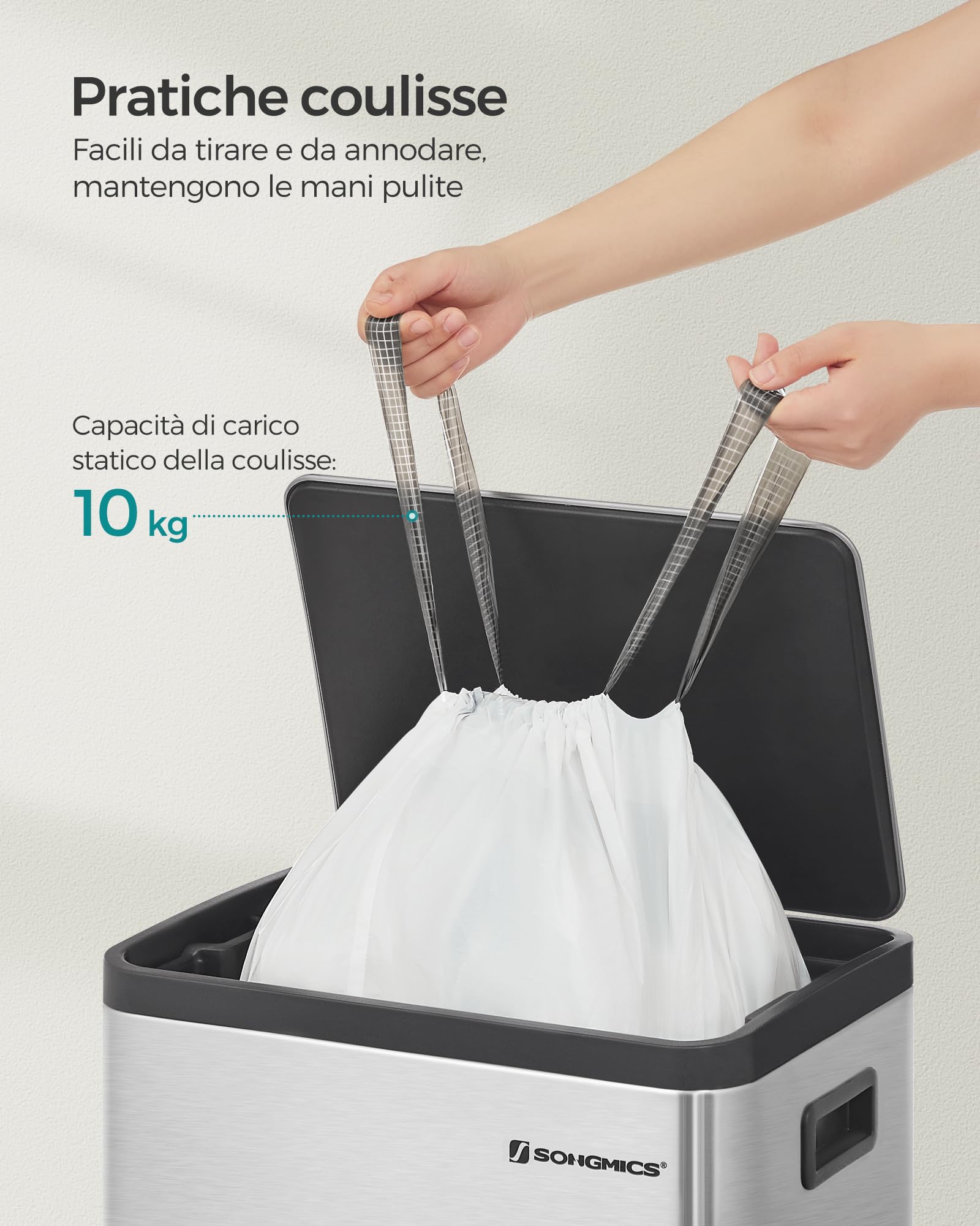 SONGMICS Sacchi Spazzatura, Sacchetti per Immondizia con Manici a Cordoncino, Sacchi per Pattumiere da Cucina da 50L, Pre-separati, Codice 050A01, 2 Rotoli, 80 Pezzi, Bianco KRB050A02