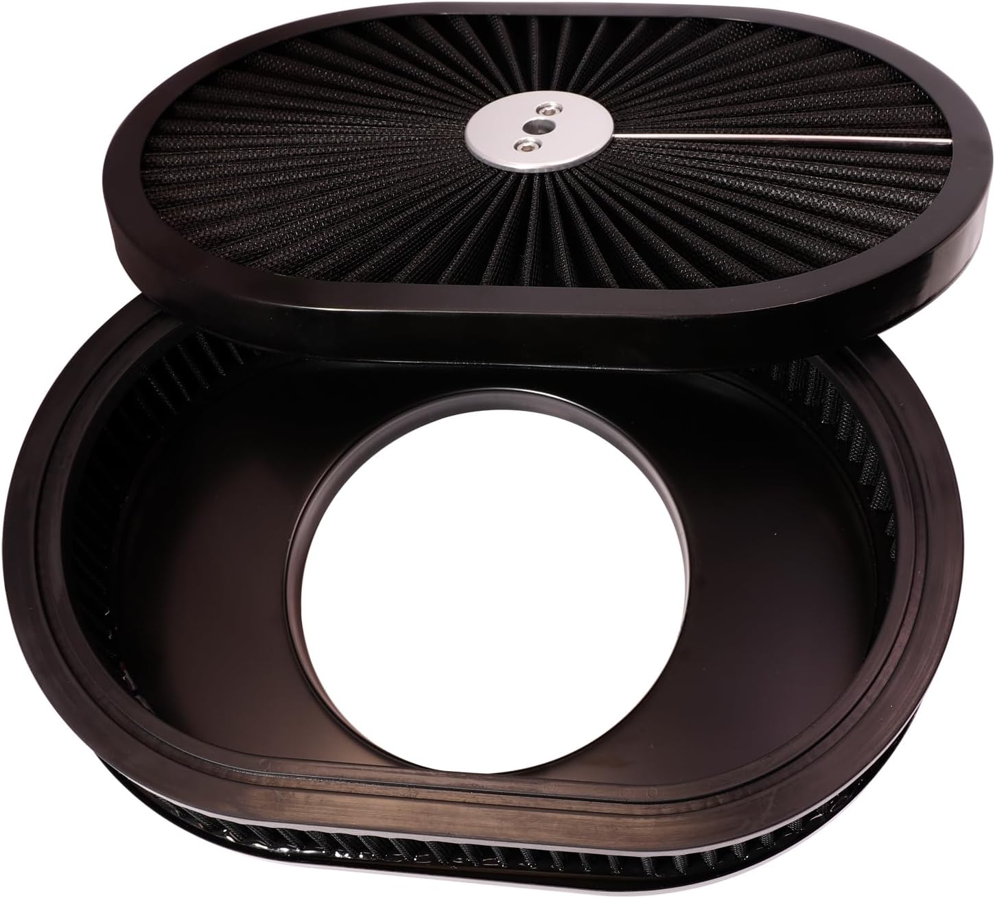 12"x2" Oval Air Cleaner Filter Assembly 5-1/8" Carb Neck w/Flow-Thru Lid High Flow Chrome Compatible For GMC Chevy Ford Chryler Dodge Fit for 5-1/8" carb neck (BLACK)