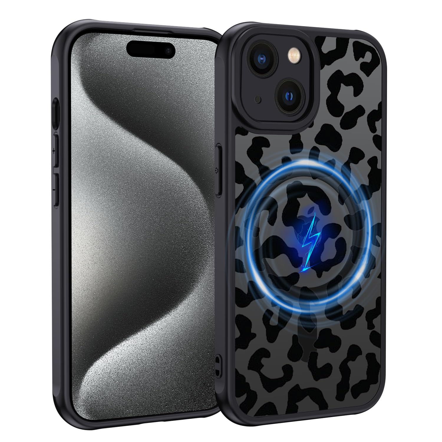 XTCASE für iPhone 15 Hülle Magnetisch kompatibel mit Magsafe, Aesthetic Leopard Muster Mädchen Case Matt Transluzente Handyhülle Kratzfeste PC Rückseite + TPU Bumper - Schwarz