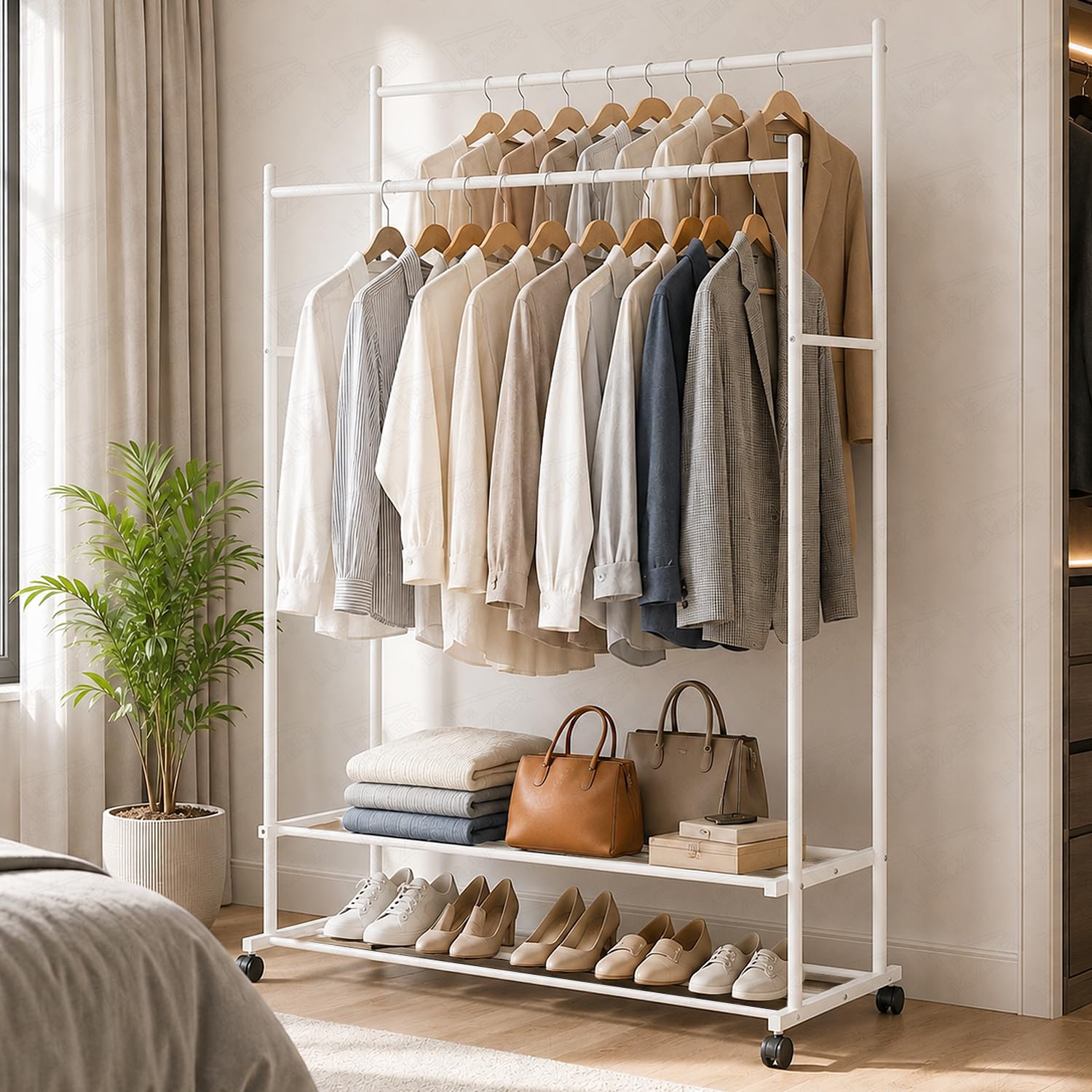 Lukzer Double Rod Metal Garment Stand with Wheels & 2-Tier Storage Organiser Shelves, Portable Clothes Rack and Coat Hanger With Shoe Rack for Bedroom, Entryway & Boutique (White/109 x 48 x 158 cm)