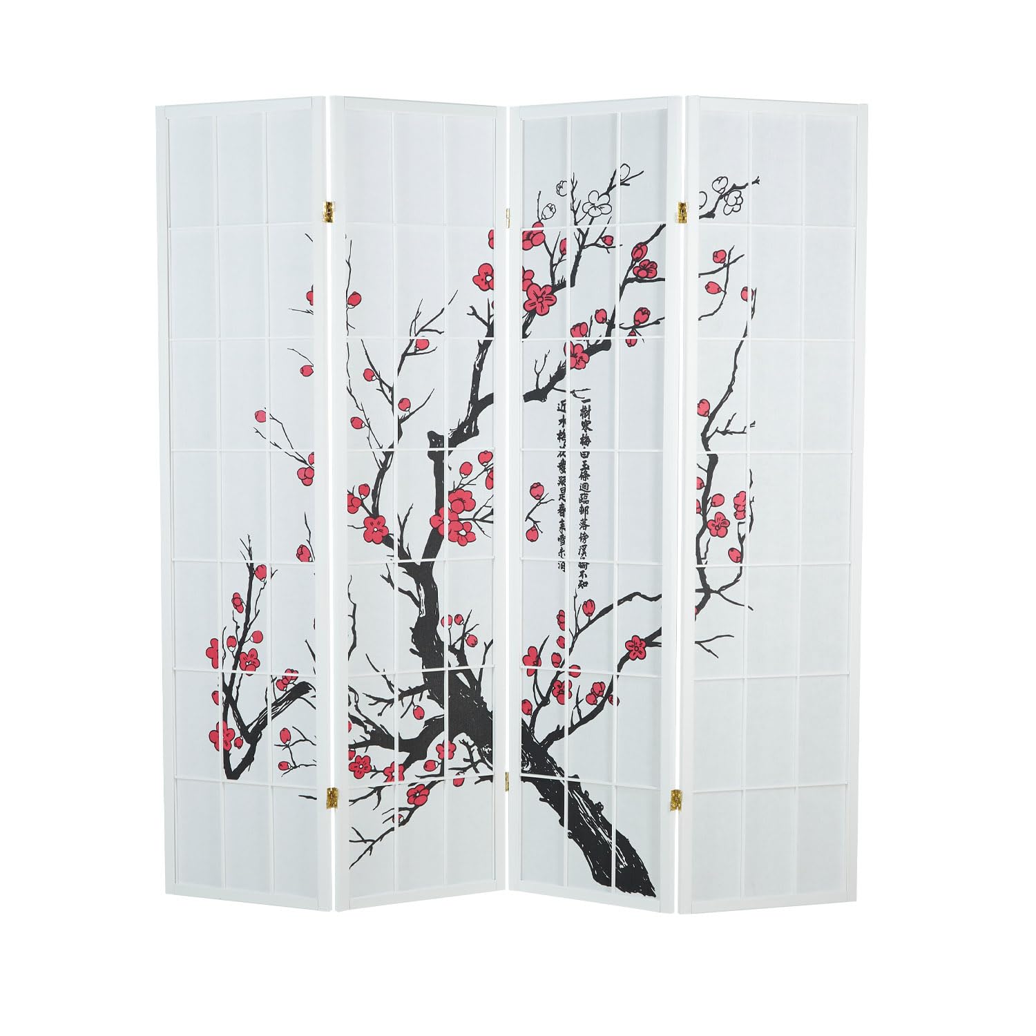 Homestyle4u 4 pan Pliante modèle de cloison - cloison Bois Shoji en Blanc avec des Fleurs de Cerisier - Salle écran