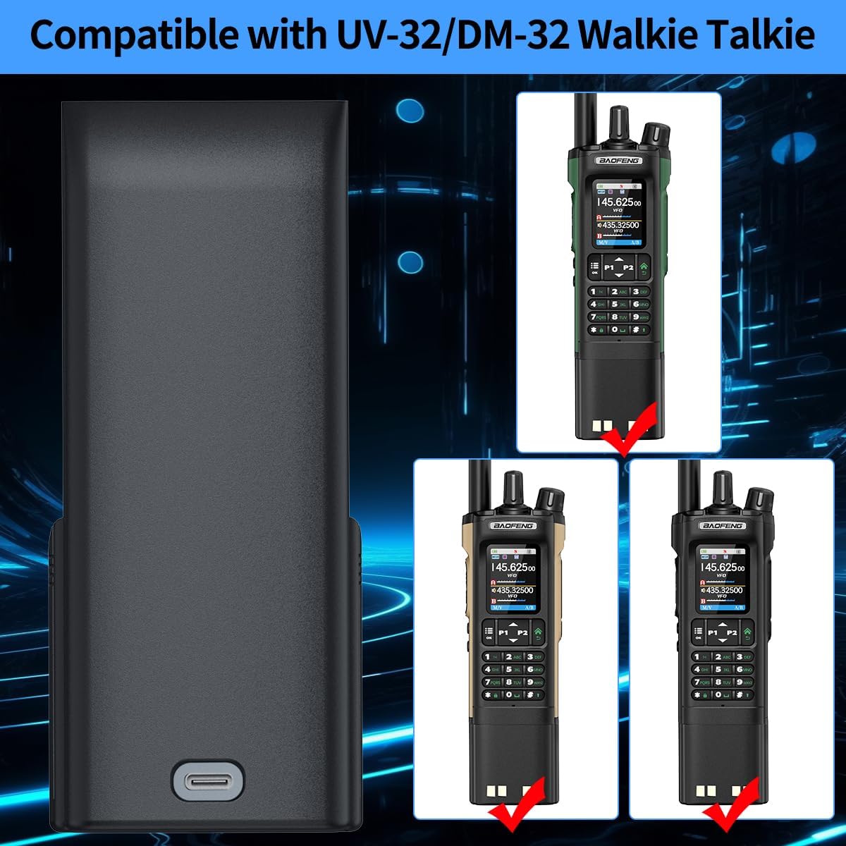 BAOFENG DM32 Battery 3800mAh USB-C Charging Extended High Capacity Rechargeable Li-ion Battery with USB-C Charging Cable Compatible DM-32 UV32 Walkie Talkie Battery Accessories(2Pack)